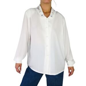 80s Koret Vintage White Blouse Embroidered Flowers on Collar Large Cottage